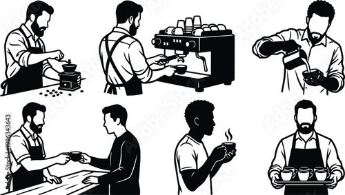 Black and white coffee barista set six scenes showing grinding espresso steaming pouring and serving