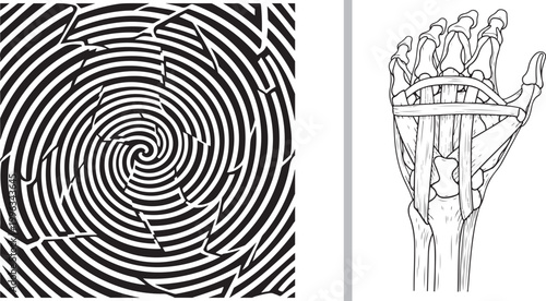 Black and white illustration set featuring a spiral maze pattern and human hand anatomy isolated on white background