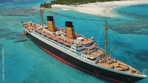 Majestic ocean liner cruise ship sailing in turquoise tropical waters near palm-lined beach