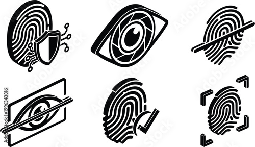 Black and white fingerprint and eye security icons set with shield check mark and scan frame