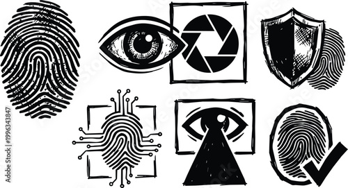 Biometric icons set fingerprint eye shield checkmark circuit board camera aperture scanner vector art