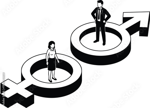 Isometric black and white male and female symbols with man and woman standing separated