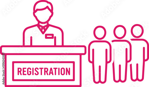 Registration desk with people waiting in line for service or check in.