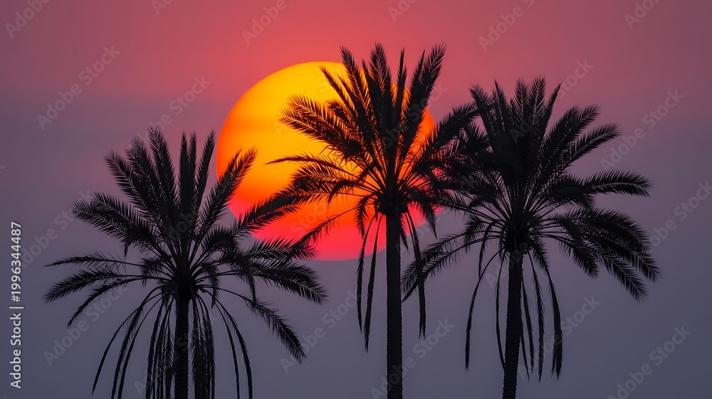 Fototapeta premium Vibrant sunset silhouettes three lush palm trees against a fiery orange sun and soft purple sky evoking tropical paradise and serene evening tranquility