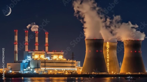Industrial power plant at night with cooling towers and smokestacks emitting steam, energy production facility.