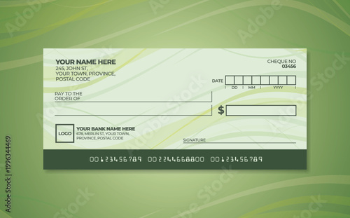 Blank bank check. Checkbook cheque template. Checkbook cheque template with green theme. Money payment voucher or pay cash cheque certificate.