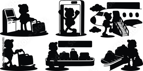 Black and white vector line art teddy bear travelers with suitcases at airport scenes and boarding stairs