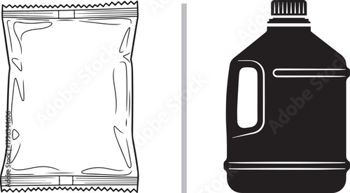 Minimalist vector illustration of a snack bag and plastic jug container isolated on white background