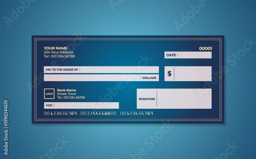 Blank bank check. Checkbook cheque template. Checkbook cheque template with blue theme. Money payment voucher or pay cash cheque certificate.