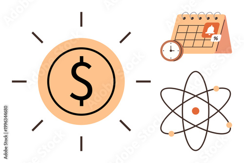 Financial planning, savings, budgeting, time management, science, education. A dollar symbol with a sun, calendar with clock atomic structure. Financial planning and science explained visually