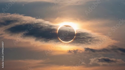 Partial solar eclipse in a cloudy sky, astronomical event with glowing crescent sun behind dark clouds.