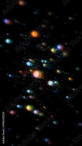 Glowing colorful particles scattered.