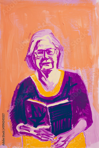 Painterly illustration of elderly woman reading a book.