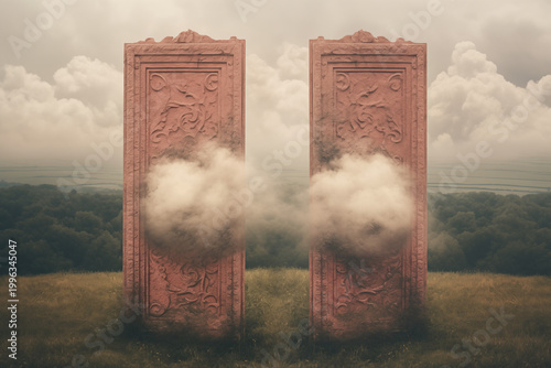 Dreamscape with portals, painterly style.