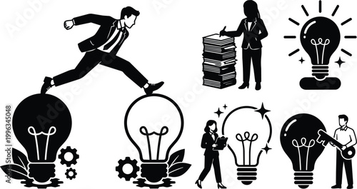 Black and white vector lightbulb icons with business people jumping and stacking paperwork