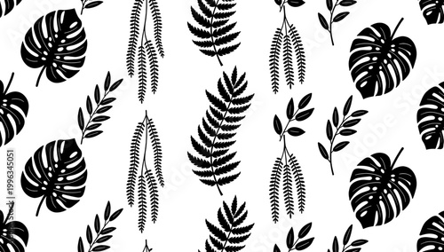 A striking black and white image featuring Monstera leaves, perfect for adding a tropical touch to website backgrounds, design projects, or marketing 