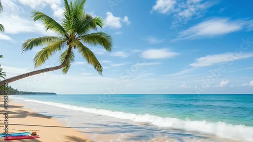 Scenic tropical beach with a leaning palm tree over golden sand, clear turquoise ocean, and gentle waves under a bright blue sky