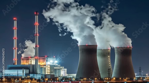Thermal power plant operating at night with multiple cooling towers releasing steam and tall industrial chimneys glowing red.