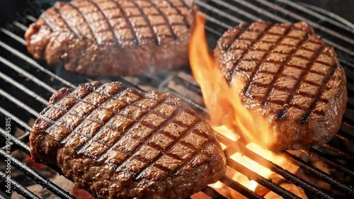 Three thick beef steaks grilling on a charcoal BBQ with smoke and grill marks, outdoor summer cooking