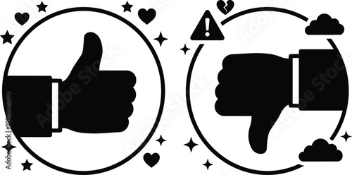 Black and white thumbs up and thumbs down icons in circular frames with hearts stars