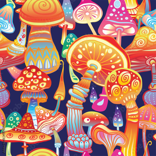 Bright psychedelic mushroom pattern with colorful whimsical fungi in vibrant fantasy composition