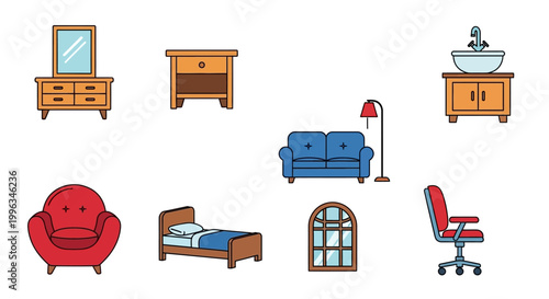 Collection of various household furniture icons.