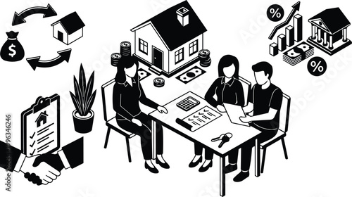 Black and white vector house keys contract signing with real estate agent and couple at desk