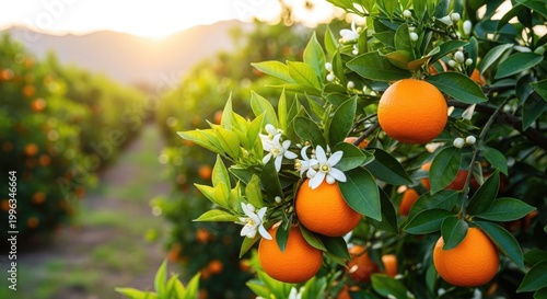 Lush orange grove with ripe fruit and blossoming flowers