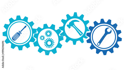 Vector illustration of interconnected blue gears containing icons of a screwdriver hammer and wrench tools