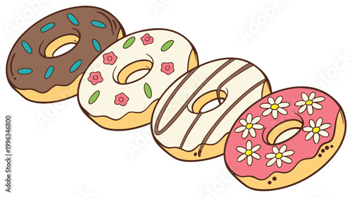 Vector illustration of four colorful glazed donuts with chocolate frosting flower patterns and sprinkles, doughnut
