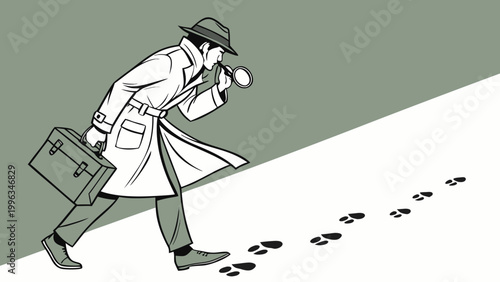 Vector illustration of a detective in a trench coat and hat using a magnifying glass to track footprints