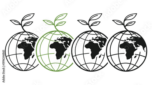 Vector illustration of earth globe icons with growing green leaves representing ecology and environmental care