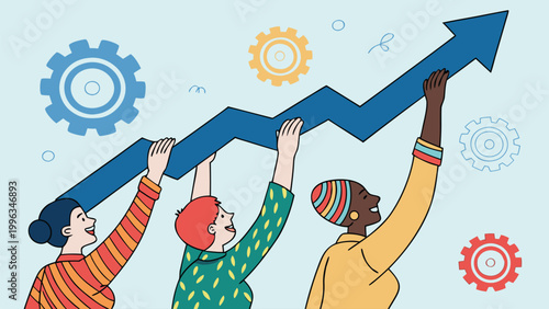 Vector illustration of a diverse team working together to push a large blue arrow upwards for business growth