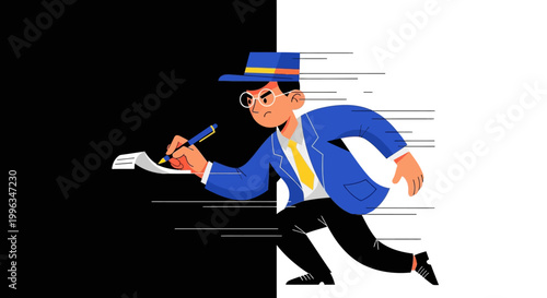 Cartoon man in blue suit running with pen.