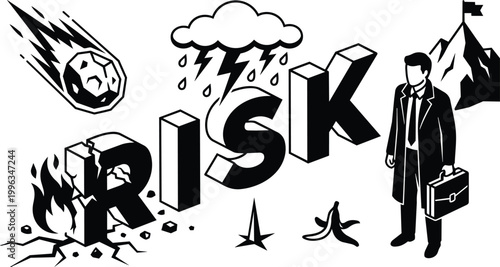 Black and white 3d lettering risk with meteor banana peel spike and businessman with briefcase