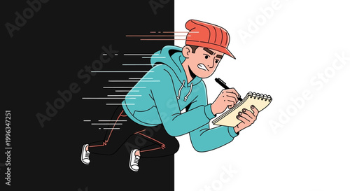 a man in a blue hoodie writing on a notebook while running.