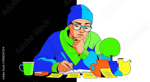 A man in blue and green clothing sitting at a table writing on paper.