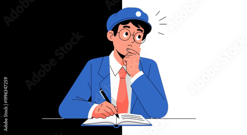 A cartoon man in a blue suit thinking.