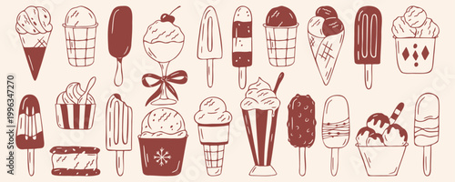 Ice cream collection with waffle cones, popsicles, scoops and sundaes, brown outline doodle flat retro style. Hand drawn sketch summer dessert set for cafe menu, isolated on beige background
