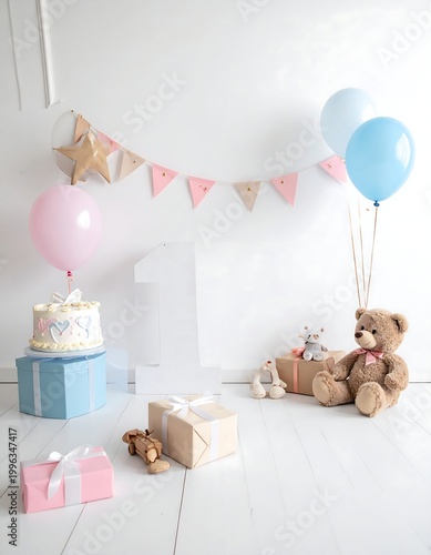 Pastel Baby Birthday Party Setup With Teddy Bears.