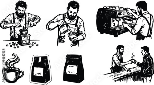 Black and white line art barista grinding pouring and serving espresso with beans cup and bags
