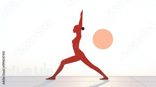 Young slim woman silhouette practicing yoga warrior pose at sunrise in minimal urban park with soft light and distant city skyline background Concept of balance and mindfulness