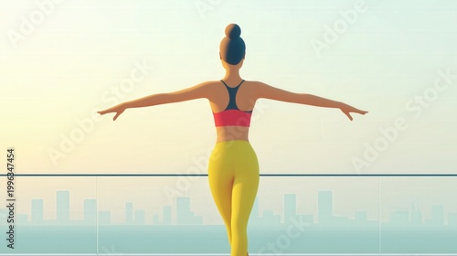 Young fit woman standing with arms outstretched on rooftop overlooking city skyline in soft daylight wearing sportswear Concept of freedom and confidence
