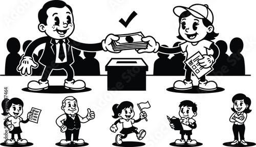 Retro black and white cartoon candidate handing cash to voter at ballot box