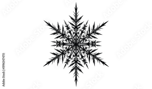 A strikingly detailed black snowflake design dominates the frame exhibiting intricate patterns and delicate symmetry as a silhouette high quality professional modern elegant stylish