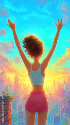 Young woman with curly hair raising arms facing colorful sunrise over vibrant city skyline standing on rooftop Concept of happiness and freedom