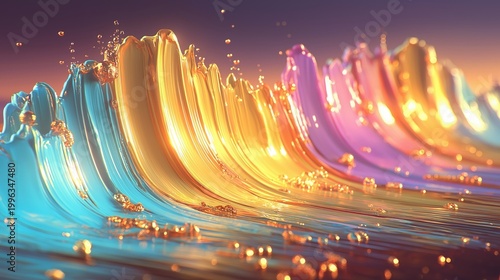 Abstract glowing ocean wave with golden and blue light particles in dark background high detail digital art Concept of energy and motion