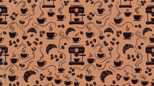 Coffee cups and steaming machines create a repeating pattern on a brown background.