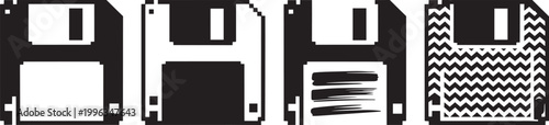 Floppy disk icons set representing retro data storage media in minimalist black and white flat style