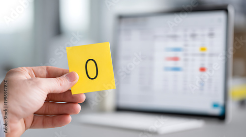Person hold yellow sticky note with zero number text, monitor schedule calendar in fuzzy background, concept of deadline, punctuality, priority